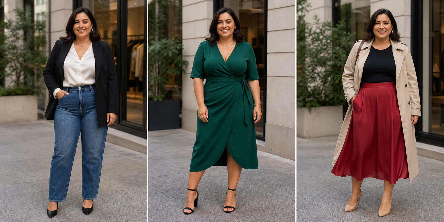 A mesma mulher usando três looks diferentes criados pelo GoLook